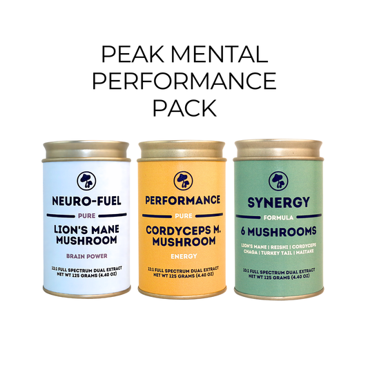 Paquete de 3: Lion's Mane "Neuro-Combustible" + Turkey Tail "Defensa" + Cordyceps militaris "Performance" - 125 gramos cada uno / 375 gramos en total. Incluye bolsa de cáñamo!