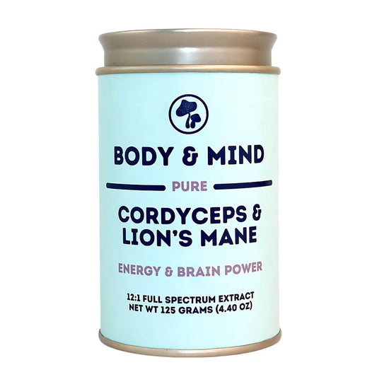 Cuerpo y Cerebro - Melena de León Orgánica + Cordyceps militaris Orgánica, Extracto dual 12:1 para Memoria, Enfoque, Cognición, Energía, y resistencia - Disponible en 5 tamaños: 75, 100, 125, 200 y 250 gramos. Bolsa de cáñamo incluida!