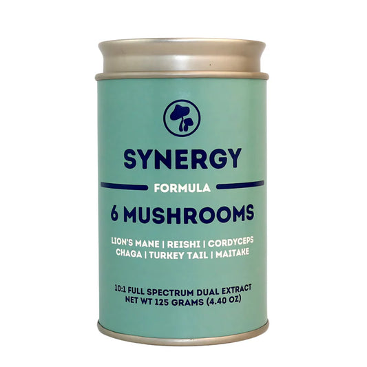 Synergy: Fórmula Orgánica de 6 hongos: Melena de León, Reishi, Cordyceps militaris, Chaga, Turkey Tail, y Maitake. Disponible en 5 tamaños: 75, 100, 125, 200 y 250 gramos. Bolsa de cáñamo incluida!