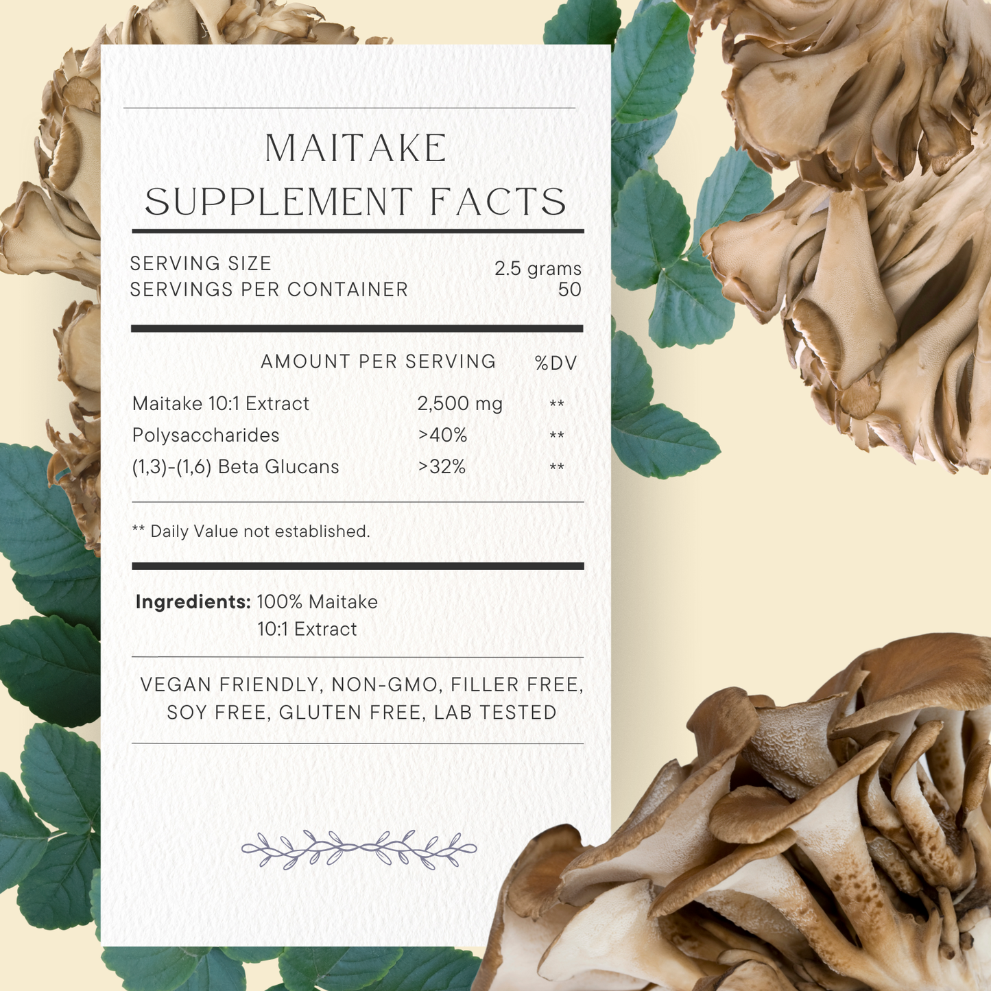 Synergy: Fórmula Orgánica de 6 hongos: Melena de León, Reishi, Cordyceps militaris, Chaga, Turkey Tail, y Maitake. Disponible en 5 tamaños: 75, 100, 125, 200 y 250 gramos. Bolsa de cáñamo incluida!
