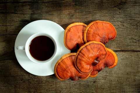 Overhead view of a cup of reishi tea next to vibrant orange reishi mushrooms on a rustic wooden background, showcasing the natural ingredients of this wellness beverage.