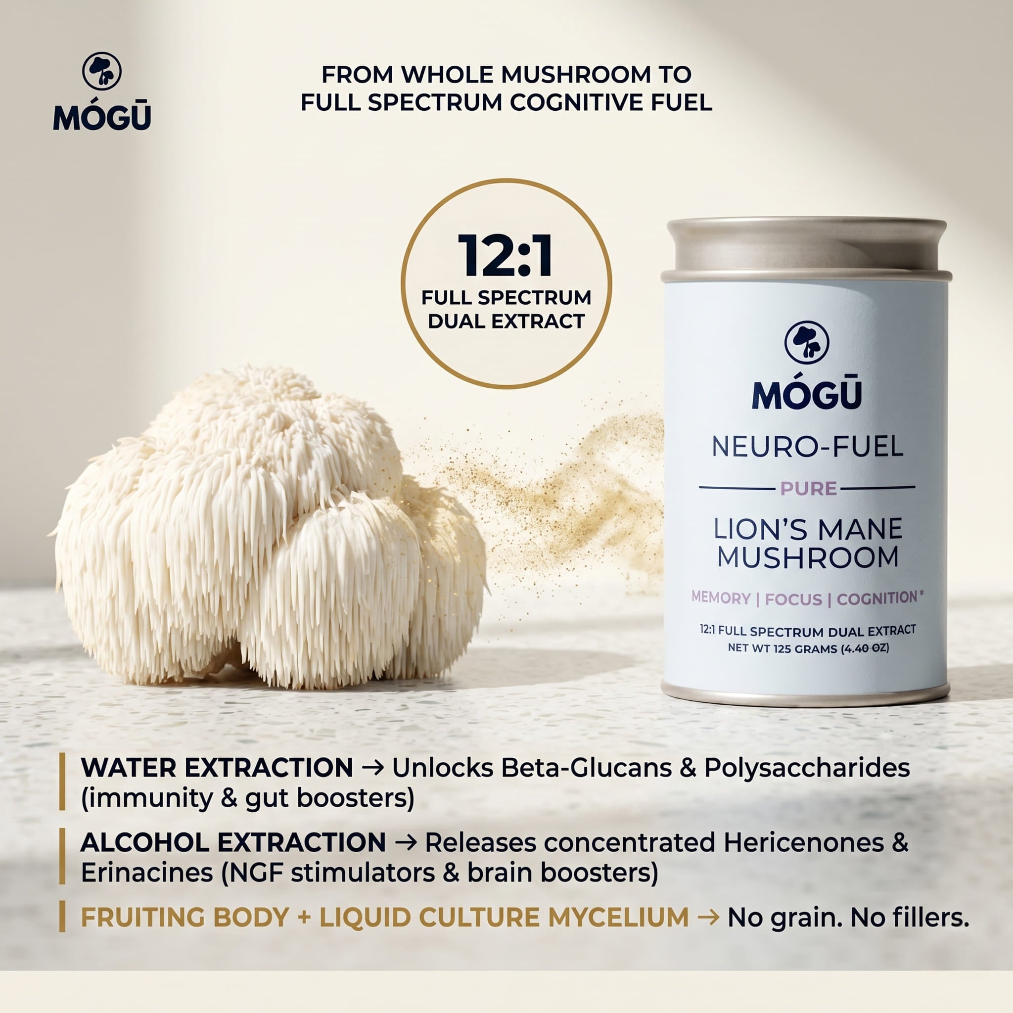 MoguMushrooms.com | Organic Lion's Mane 12:1 Dual Extract, Neuro