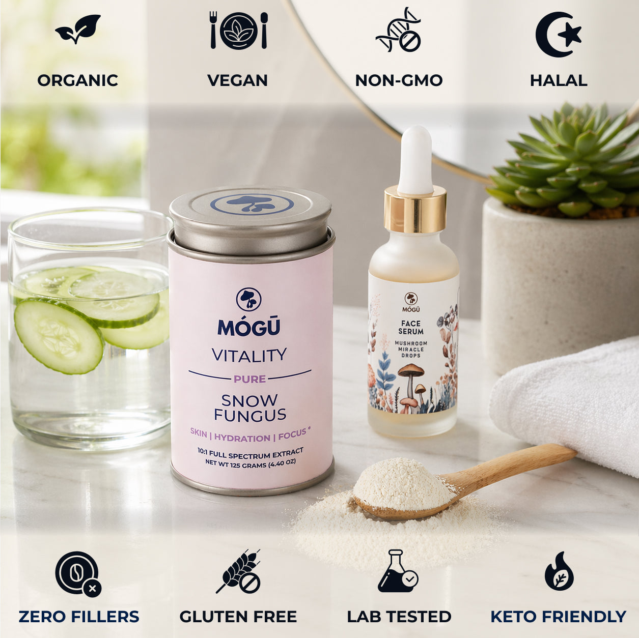Vitalidad - Hongo de Nieve Orgánico "El Hongo de la Belleza" Extracto doble 10:1 para Hidratación y Enfoque de la piel - Disponible en 5 tamaños: 75, 100, 125, 200 y 250 gramos. Bolsa de cáñamo incluida!