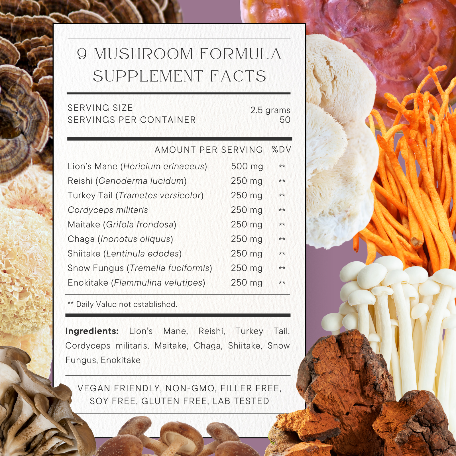 Fórmula de 9 hongos Orgánicos: Melena de león, Reishi, Cordyceps, Chaga, Cola de Pavo, Hongo de Nieve, Shiitake, Maitake y Enokitake. Disponible en 5 tamaños: 75, 100, 125, 200 y 250 gramos. Bolsa de cáñamo incluida!