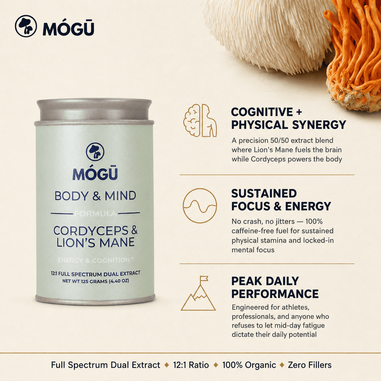 Cuerpo y Cerebro - Melena de León Orgánica + Cordyceps militaris Orgánica, Extracto dual 12:1 para Memoria, Enfoque, Cognición, Energía, y resistencia - Disponible en 5 tamaños: 75, 100, 125, 200 y 250 gramos. Bolsa de cáñamo incluida!