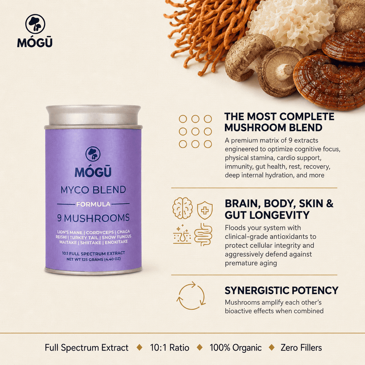 Fórmula de 9 hongos Orgánicos: Melena de león, Reishi, Cordyceps, Chaga, Cola de Pavo, Hongo de Nieve, Shiitake, Maitake y Enokitake. Disponible en 5 tamaños: 75, 100, 125, 200 y 250 gramos. Bolsa de cáñamo incluida!