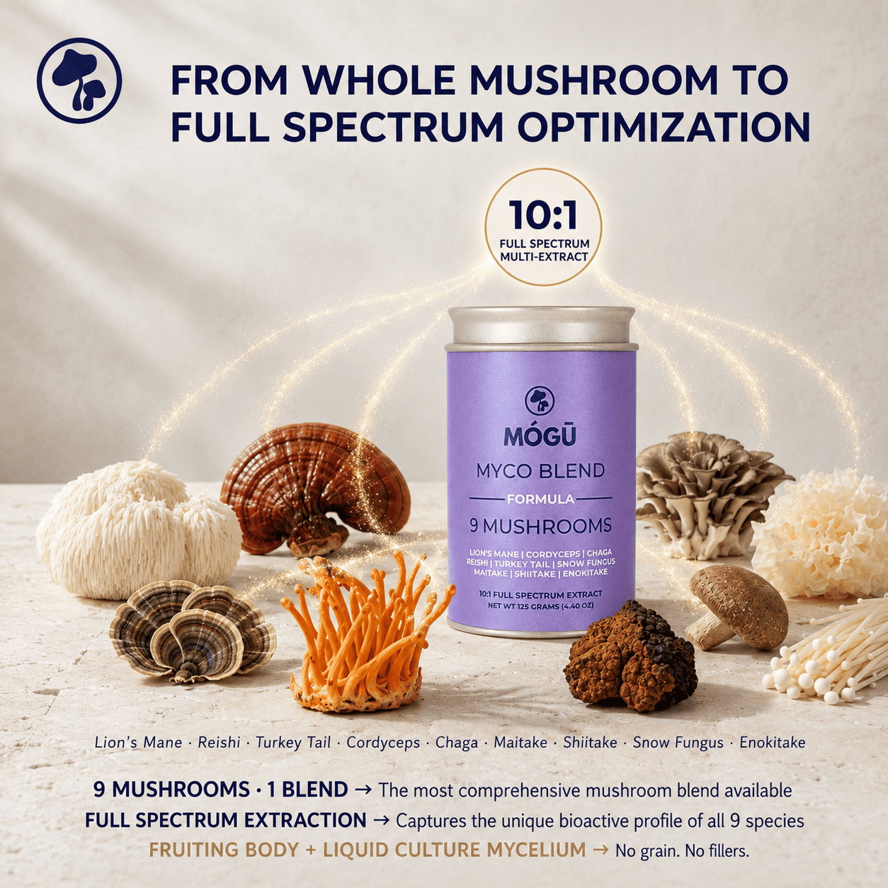 Fórmula de 9 hongos Orgánicos: Melena de león, Reishi, Cordyceps, Chaga, Cola de Pavo, Hongo de Nieve, Shiitake, Maitake y Enokitake. Disponible en 5 tamaños: 75, 100, 125, 200 y 250 gramos. Bolsa de cáñamo incluida!