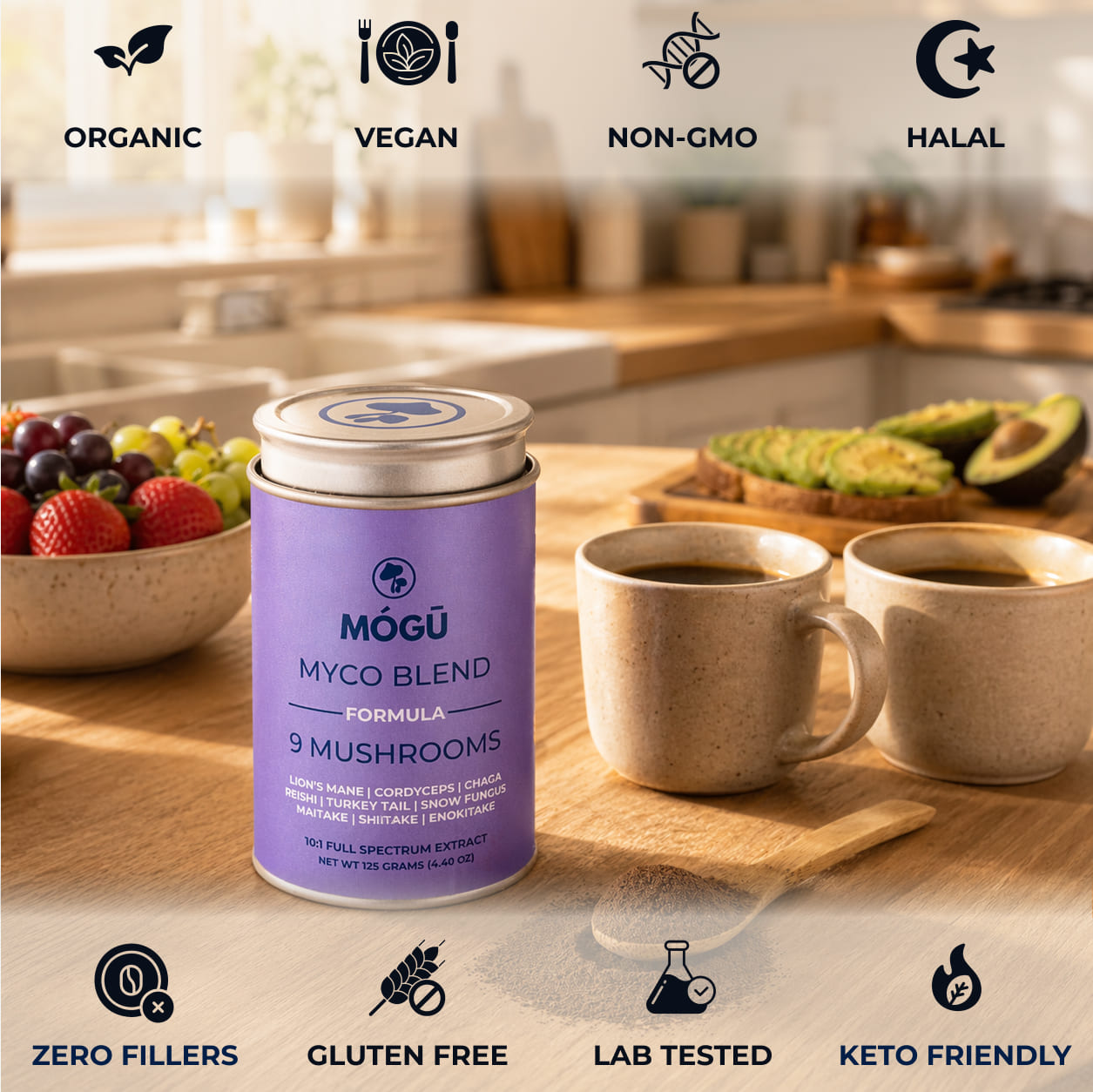 Fórmula de 9 hongos Orgánicos: Melena de león, Reishi, Cordyceps, Chaga, Cola de Pavo, Hongo de Nieve, Shiitake, Maitake y Enokitake. Disponible en 5 tamaños: 75, 100, 125, 200 y 250 gramos. Bolsa de cáñamo incluida!