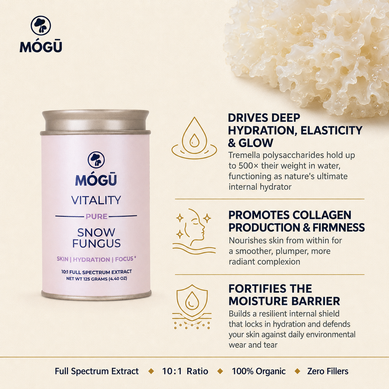 Vitalidad - Hongo de Nieve Orgánico "El Hongo de la Belleza" Extracto doble 10:1 para Hidratación y Enfoque de la piel - Disponible en 5 tamaños: 75, 100, 125, 200 y 250 gramos. Bolsa de cáñamo incluida!